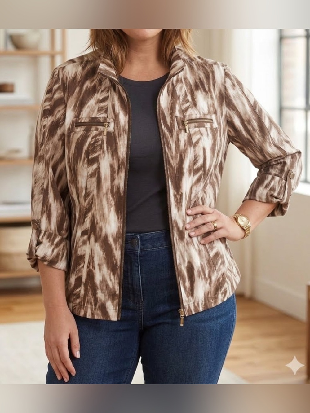 Zenergy by Chicos lightweight zip-up jacket brown & cream Size XL